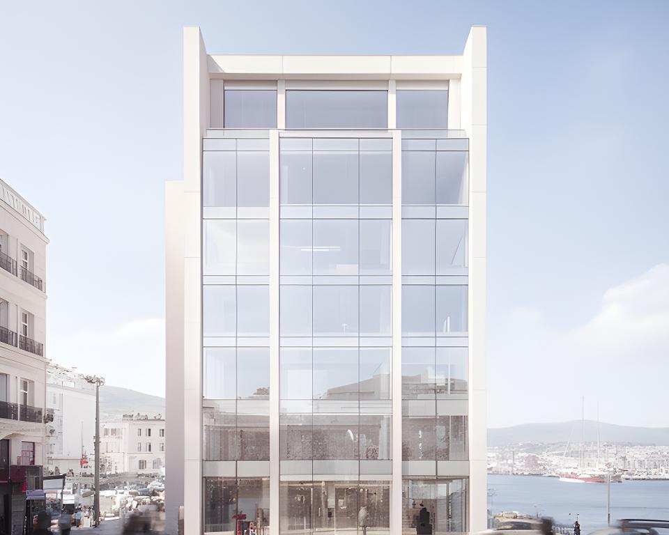 The West Pier office exterior in Dún Laoghaire with a bright harbour view and clean glass frontage