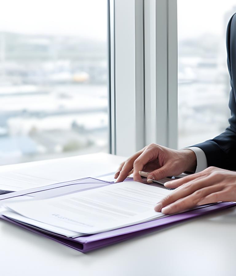 Solicitor reviewing workplace papers in a modern office beside a bright window in Dún Laoghaire